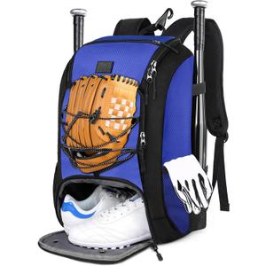 MATEIN Baseball Backpack, Softball Bat Bag with Shoes Compartment for Youth, Boys and Adult, Lightweight Baseball Bag with Fence Hook Hold TBall Bat, Batting Mitten, Helmet, Caps, Teeball Gear (29L, Blue)