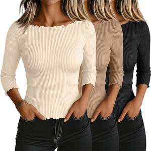 Riyiper 3 Pack Women's 3/4 Length Sleeve Tops Lettuce Trim Ribbed Boat Neck Shirts Half Slim Casual Basic Fitted Tees (X-Large, Black, Khaki, Pricot)