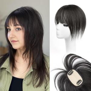 Short Hair Toppers for Women, Real Human Hair Toppers with Bangs, Clip in Human Topper for Thin hair, Thinning Crown Wiglets Hair Pieces Small Top Base 1.9"×3.5" 8 Inch,0.7oz,1B Natural Black