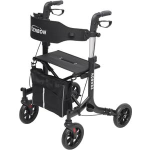Rollator Walker for Seniors/Adults Foldable Rolling Walker with Seat 330 lbs Capacity 4 Big 8 inch Wheels Hand Grips Adjustable Height Lightweight Aluminum Walker Removable Back Support 7209(Black)