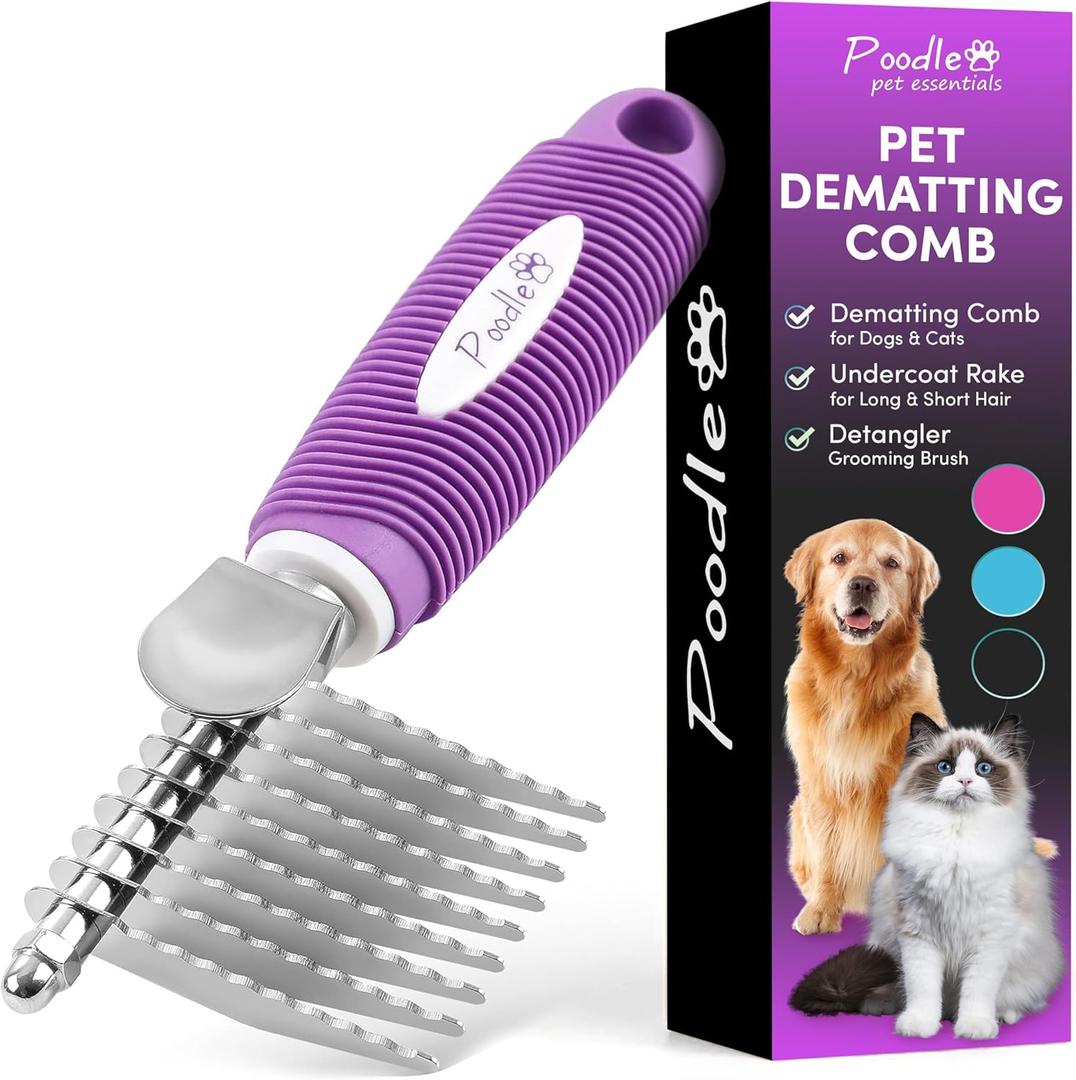 Poodle Dematting Fur Rake Comb Brush for Dogs and Cats - Long 2.5" Steel Safety Blades Metal Comb for Detangling Matted or Knotted Undercoat Hair (Purple)