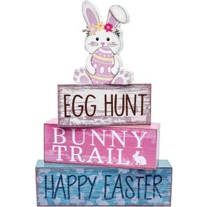 Easter Tiered Tray Table Decorations, Wooden Bunny Block Signs with 4 Piece Set, Gifts Cute Bunny Centerpiece for Farmhouse Holy Week Party Home Kitchen Office