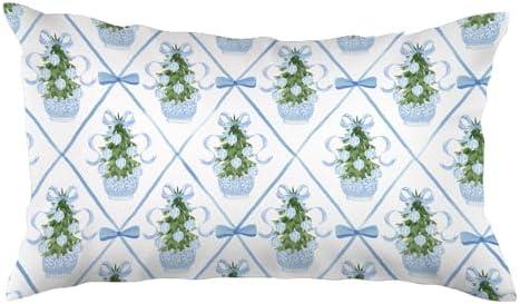 Elpwk Blue Bow Christmas Tree Chinoiserie 12x20 Pillow Cover,Grandmillennial Christmas Decor,Coquette Preppy Xmas Tree Checkered Lumbar Pillow Covers Cases Decorative for Home Bedroom Living Room
