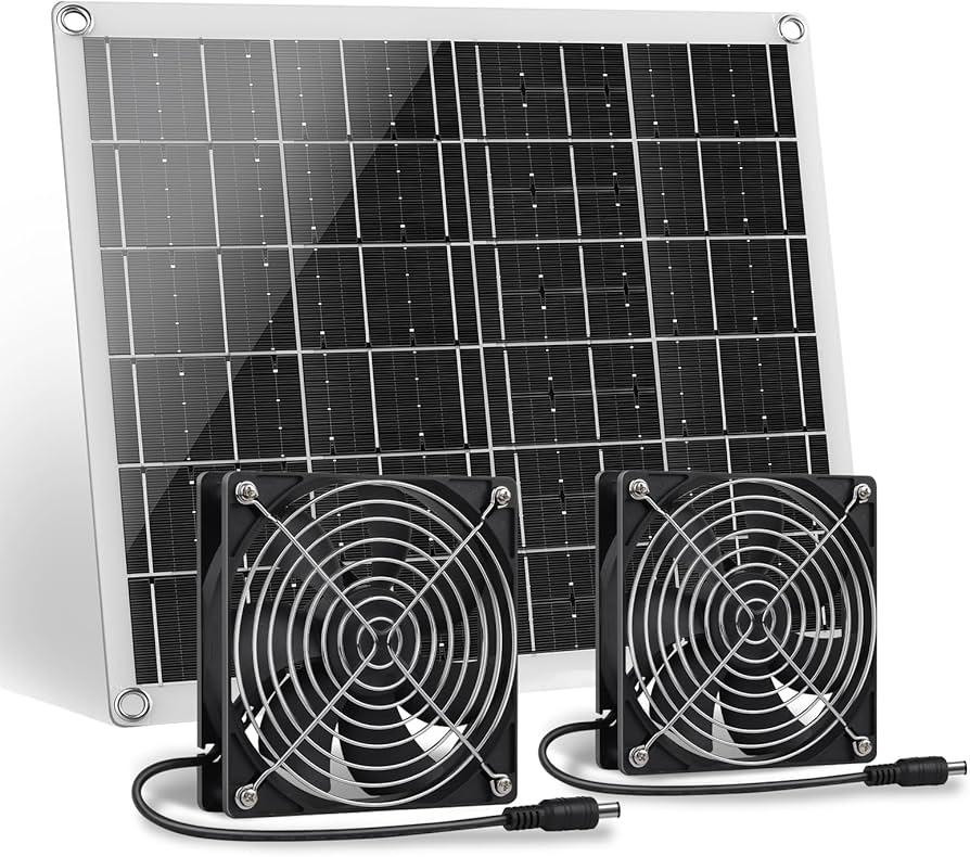 Solar Powered Fan Kit 12.6 Inch IPX7 Weatherproof, 15W Solar Panel with 2 Waterproof Fans, Intake or Exhaust Air Fan for Outside Backyard Chicken Coops, Greenhouses, Doghouse