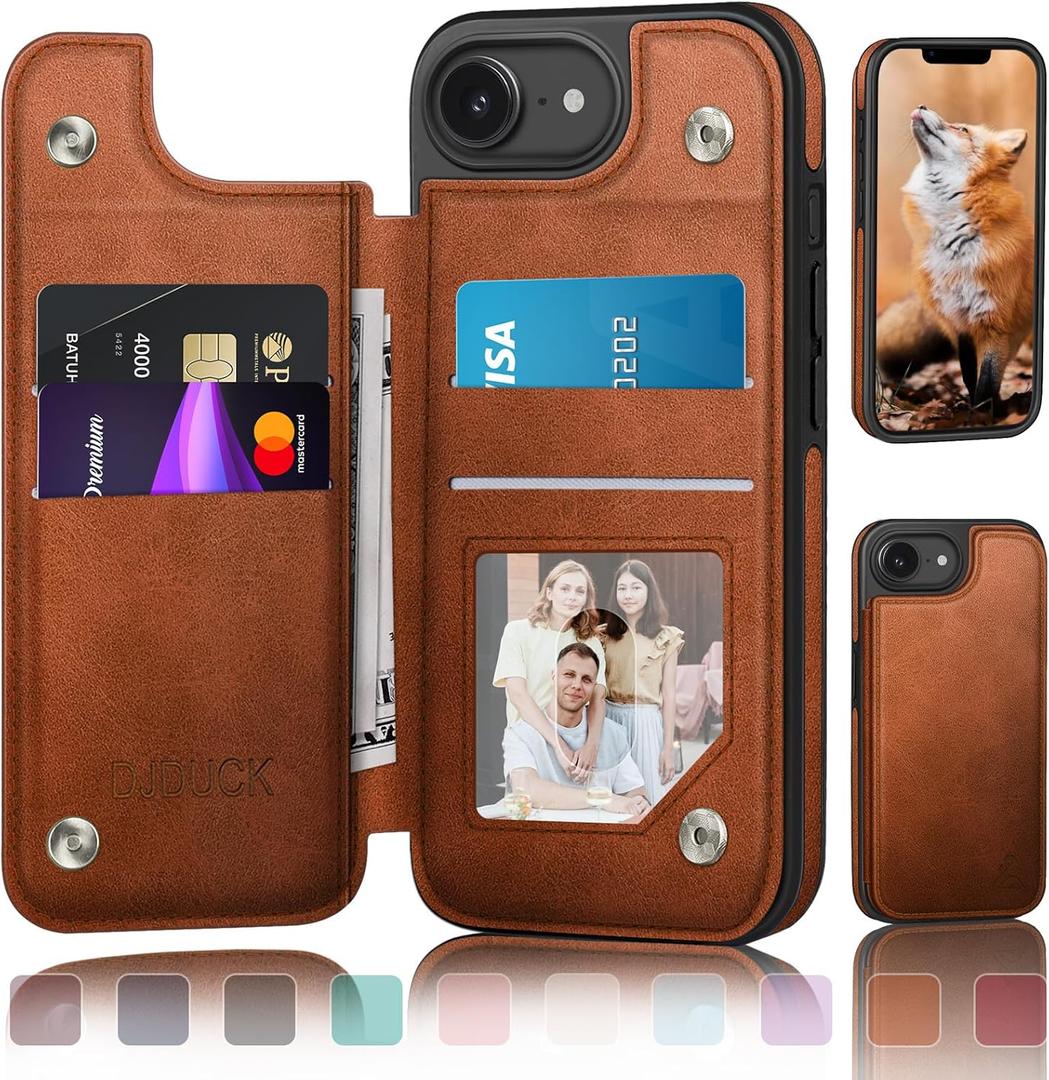 DJDUCK Designed for iPhone 16e 6.1"/iPhone 17e 6.1" Case Wallet with Card Holder, [Magnetic Clasp Cover] [RFID Blocking Leather Protection]Shockproof Women Men Cases 6.1 Inch for Apple 16e Light Brown