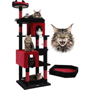 Globlazer Heavy Duty Gothic Cat Tree, 72in Large Cat Tower with Coffin Bed, Sturdy Maine Coon Cat Tree for Large Cats 20 lbs+, Medieval Castle Style with 6 Scratching Posts & Hammock, S72, Black & Red