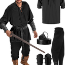 Jiuguva 4 Pcs Halloween Men's Renaissance Costume Set Medieval Pirate Shirt Ankle Banded Pants Viking Belt Accessories, Large