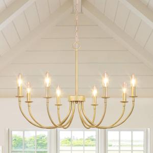 8 Light Gold Farmhouse Chandeliers for Dining Room Light Fixtures Over Table,Industrial Candle Hanging Chandelier for Living Room Foyer Staircase Bedroom Kitchen Island Restaurants