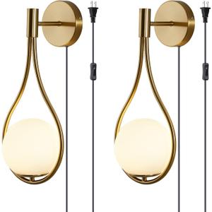 Modo Lighting Glass Ball Wall Sconce Plug in Mid Century Modern Drop Design Wall Light Brushed Brass Gold Wall Lamps for Bedside Living Room (with Plug in 2 Pack) Gold+white-2pc-Plug In