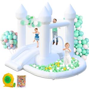 White Bounce House, Inflatable Bounce House with Ball Pit & Slide for Kids Indoor Bounce House Portable Fun House Outdoor Bounce House with Blower for Birthday Party, Wedding Decor