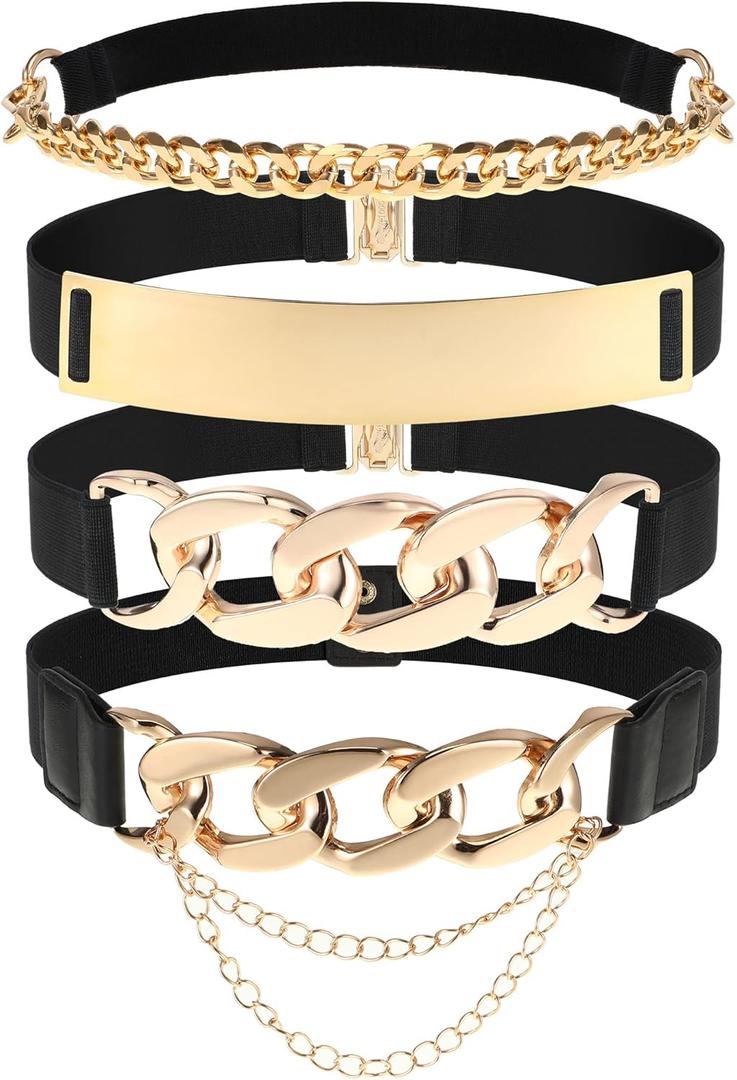 Zhanmai 4 Pieces Belts for Women Metal Gold Stretch Waist Belt Skinny Wide Chain Belt Elastic Belt for Dress (X-Large, Black)