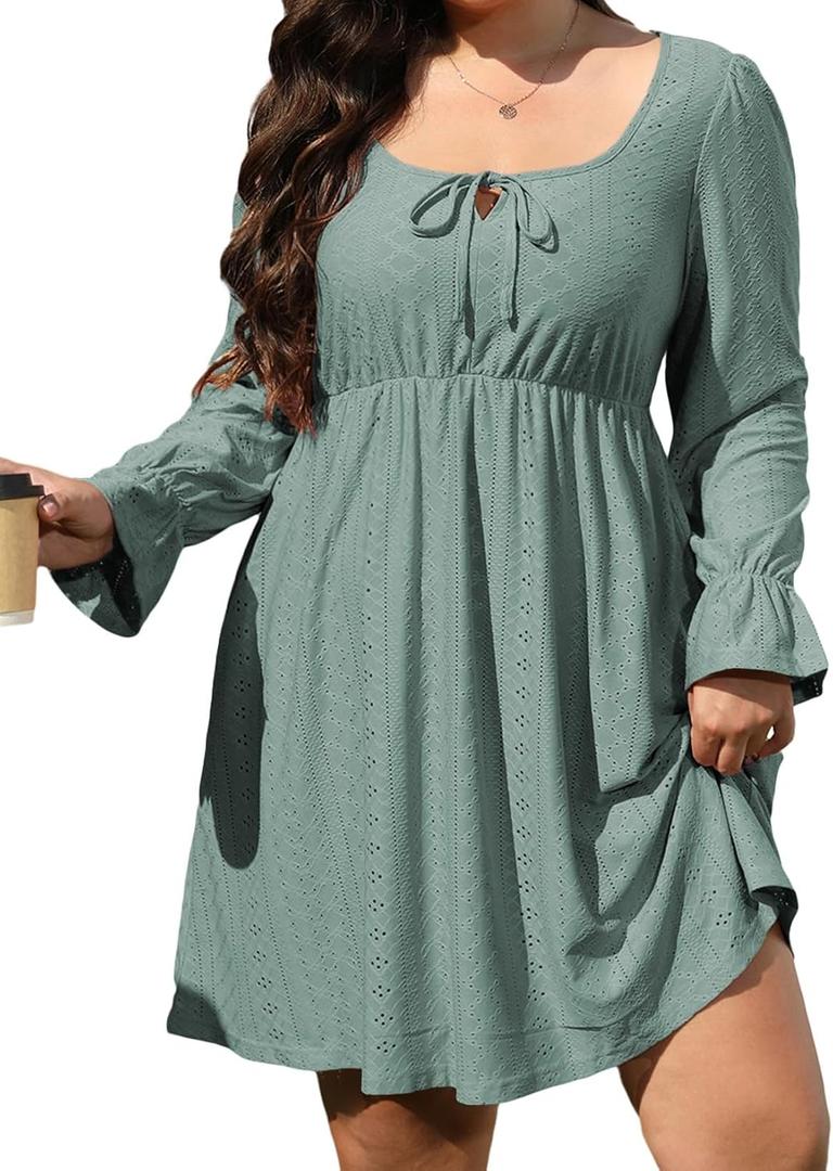 AlvaQ Plus Size Dresses for Women Square Neck Long Sleeve Dress Embroidery Eyelet A Line Sundress with Pockets L-4X (Green, XXL)