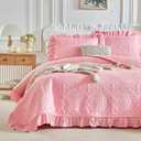 Ruffles Quilt Set Queen Size 96 * 96in - 3 Pieces Solid Shabby Chic Farmhouse Ruffled Bedding Rustic Coverlet Lightweight Fluffy Summer Oversized Bedspread with Shams for Women Men Pink