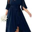CICIDUDU Plus Size Formal Wedding Guest Cocktail Dress for Curvy Women Flutter Sleeve Faux Wrap V Neck Midi Dresses, Navy Blue, X-Large Plus