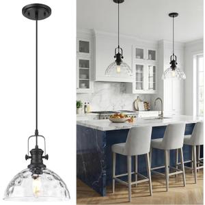 Large Pendant Lights Kitchen Island, 10.5" Farmhouse Black Pendant Lighting with Hammered Glass Shade, Vintage Hanging Light Fixtures for Dining Room Entryway, AD-22151-1PL-BK-H