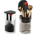 Makeup Brush Holder, Pneumatic Lifting Structure with Dust Cover, water proof Transparent Plastic Storage Box for Vanity and Bathroom Countertop (Black with Red Ball)