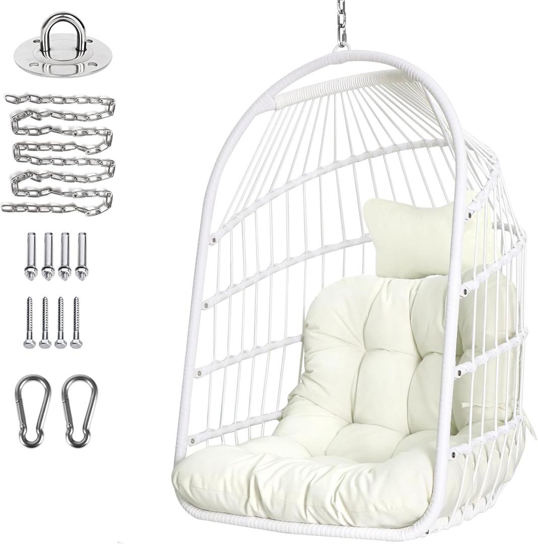 Chihee Egg Chair Foldable Wicker Rattan Hanging Swing Chairs Indoor Outdoor Patio Wicker Chair Hammock Chair with Stainless Steel Hanging Kit Chain Link UV Resistant Cushion Bedroom Balcony