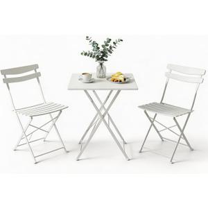 Garvee 3-Piece Patio Bistro Set – Metal Frame Folding Patio Furniture, Outdoor/Indoor Bistro Table and Chairs Set, No Assembly Needed, for Balcony, Yard, Garden, White