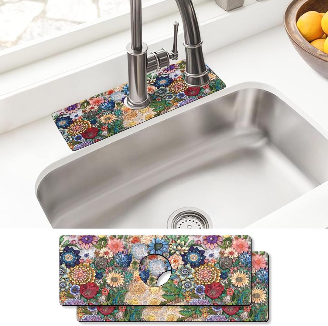 Sinkmat Absorbing Mat, 2 Pack Drying Mat Around Sink Splash Guard Behind Faucet Sinkmat For Kitchen Bathroom Island Rv 15 * 5.5 Inch (38 * 14 cm) (Flower-6)