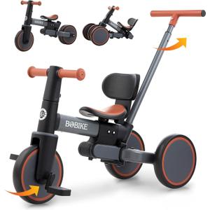 Bobike 5-in-1 Tricycle for Toddlers 18 Months to 5 Years Old, Toddler Bike, Kids Tricycle with Push Handle and Backrest, Toddler Balance Bike with Easy Assembly for Boys and Girls. (Grey)