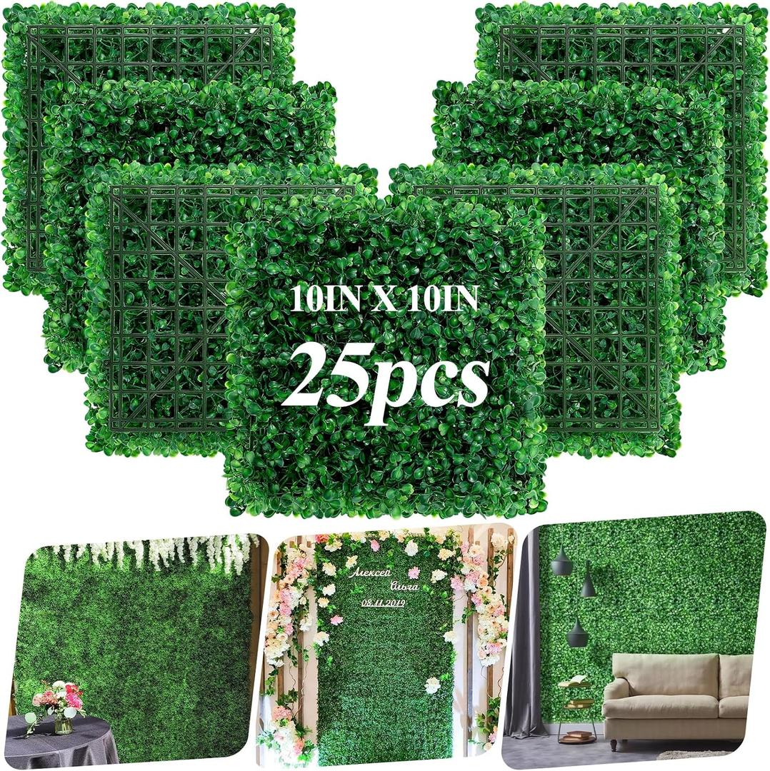 25 Pack Artificial Grass Wall 10x10" UV Resistant Faux Panels for Outdoor | Greenery Backdrop Privacy Fence Cover 17.36 Sq.Ft Fake Green Wall for Garden Wedding Party Decor Boxwood Hedge Panels