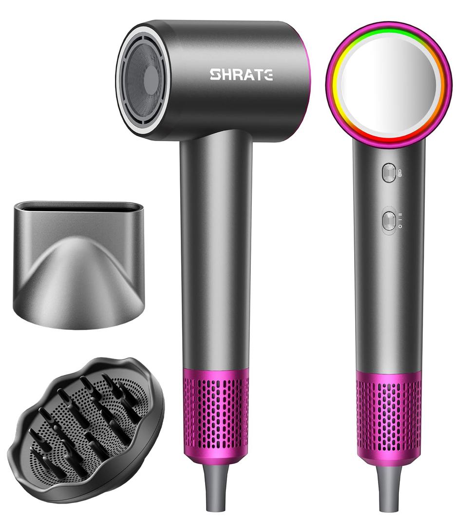 SHRATE Professional High Speed Ionic Hair Dryer | Ultra-Fast Drying | 500 Million Negative Ions | Low Noise | 160000 RPM | Compact Blow Dryer with Magnetic Diffuser for Faster Drying All Hair Types (Grey)