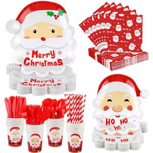 durony 200 Pieces Christmas Santa Party Supplies Tableware Set Include Disposable Paper Plates Cups Napkins Cutlery Straws with Merry Christmas HO HO HO Santa for 25 Guests Dinnerware Holiday