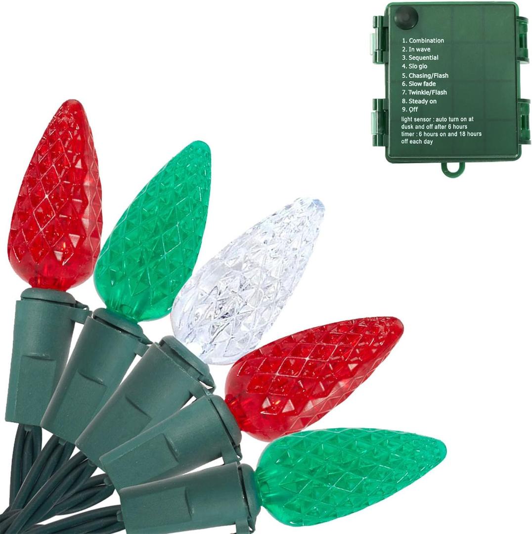 Battery Operated Christmas Lights,26 Ft 50 LED Lights Battery Powered LED Decoration String Light with Timer Flash Twinkle,C6 Red & Green & White