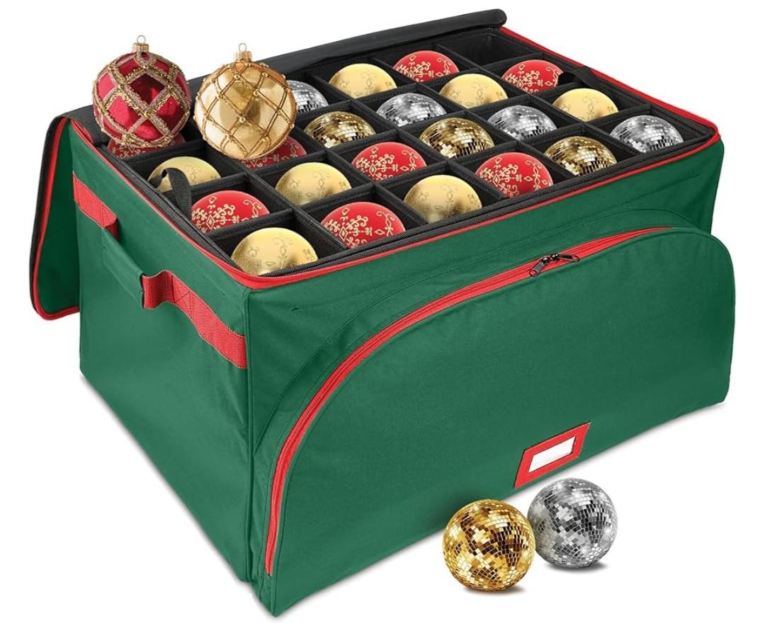 Jieting Christmas Ornament Storage Box with Dividers, 64-Ball Xmas Storage Container, 600D Oxford Christmas Balls Storage Containers with Zipper & Two Handles（Green）