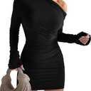 GOBLES Women's Sexy Off The Shoulder Slope Neck Long Sleeve Ruched Bodycon Mini Club Dress (Black)