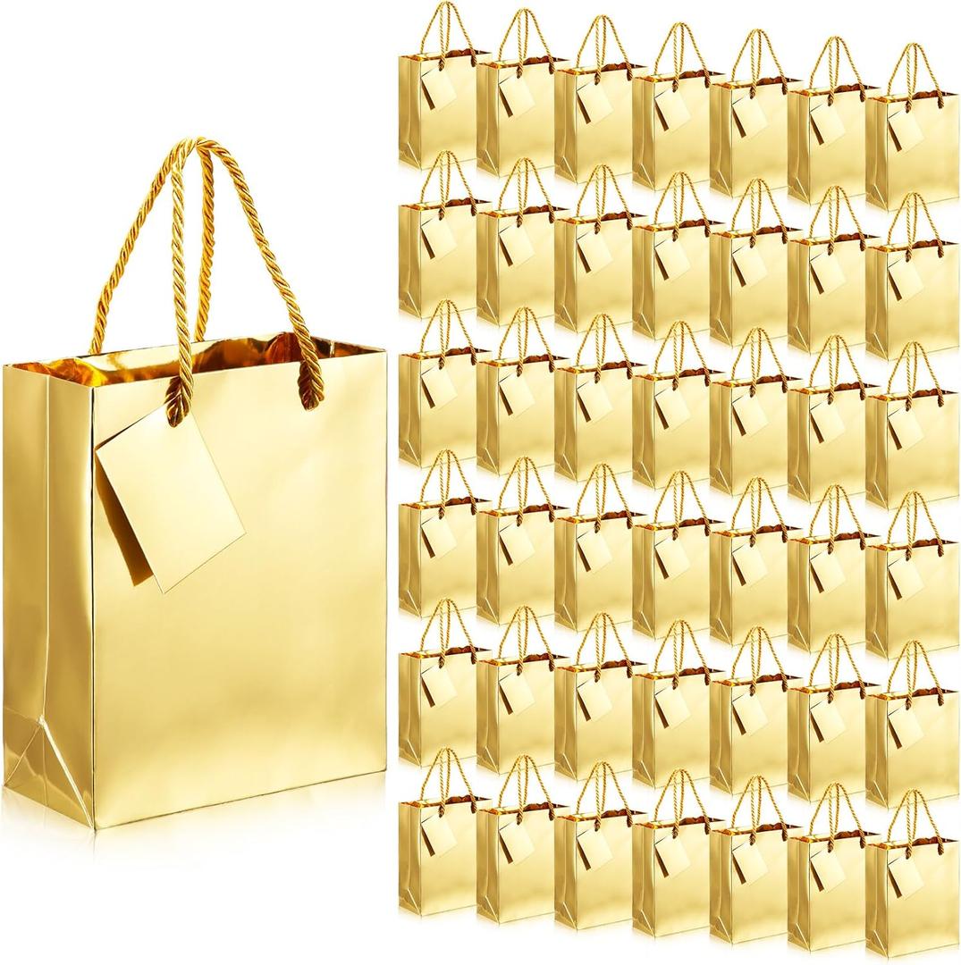 Seajan 50 Pack Metallic Gold Gift Bags with Handles Gold Foil Favor Glossy Finish Waterproof Bags with Tags for Birthday Party Anniversary Wedding Baby Shower Thanksgiving Christmas Party Supplies