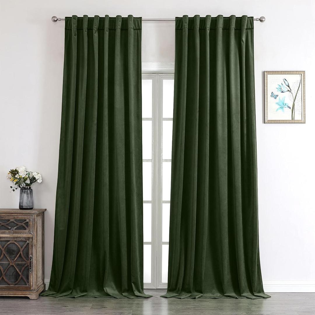 Benedeco Green Velvet Curtains for Bedroom Window with Back Tab, Super Soft Vintage Luxury Heavy Drapes, Room Darkening Thermal Insulated Curtain for Living Room, W52 by L90 inches, 2 Panels