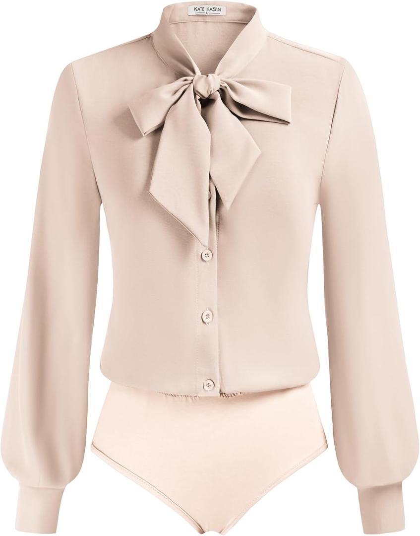 Kate Kasin Women Bow Tie Neck Office Blouse Button Down Long Sleeve Bodysuits Blouse Top (Small, Almond)