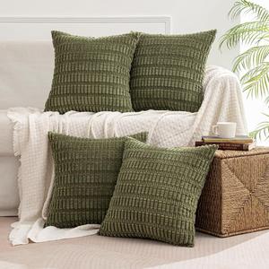 MIULEE Pack of 4 Olive Green Corduroy Decorative Throw Pillow Covers 20x20 Inch Soft Boho Striped Pillow Covers Modern Farmhouse Home Decor for Sofa Living Room Couch Bed