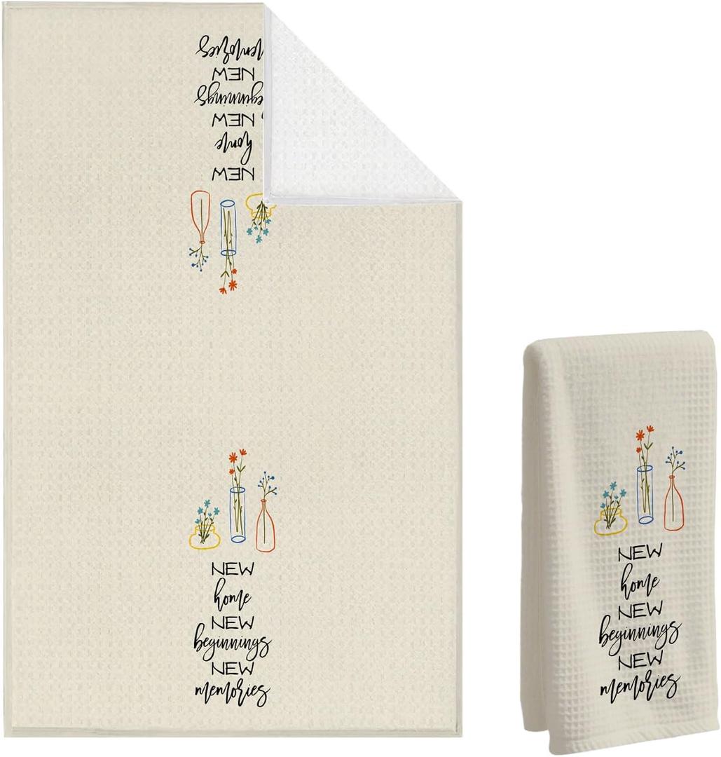 Housewarmings Towel, New Home New Memories Waffle Towel, Floral Vase Towel Sweet Home Decor for Housewarming Hand Towel, Gifts for Homeowners Welcoming Decorative, 16 x 24 Inch Khaki