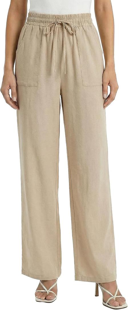 Cotton Linen Pants for Women Casual Wide Leg Trousers with Pockets | High Waist, Drawstring Elastic Waist, Palazzo Pants, Lightweight Lounge, Work Lounge Pant Beach Vacation