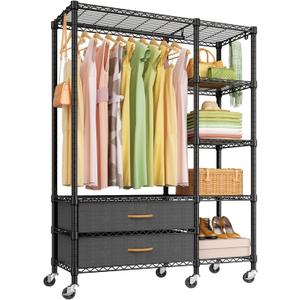 Ulif F3R Heavy Duty Clothes RackWith Lockable WheelsFreestanding Clothing Racks for Hanging ClothesAdjustable Closet Organizer SystemPortable Garment Rack 40"W x 15"D x 74"HMax Load 700LBSBlack