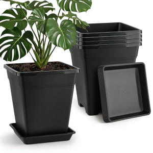Plastie Square Planter Pots. Modern Nursery Flowerpot with Drainage Hole and Saucer,BLACK