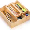 Okllen Bamboo Kitchen Drawer Organizer, Stackable 2-Tier Utensil Drawer Organizer Tray, Silverware Organizer Flatware Storage for Kitchen Cabinet, Pantry, Drawer, 5 Divided Compartments
