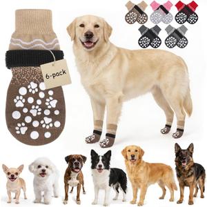 BINGPET 6PCS Dog Socks to Prevent Licking Paws with Grippers for Hardwood Floors Anti Slip, Winter Pet Shoes Booties, Extra-Thick Grip Dog Boots & Paw Protectors for Small Medium Large Senior Dogs, XL