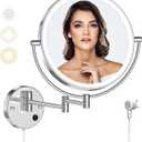 Rocollos 9" Plug-in Wall Mounted Lighted Makeup Mirror 1X/10X Magnification, Super Large Double Sided LED Vanity Mirror for Bathroom, 3 Color Dimmable 360Swivel Extendable Shaving Cosmetic Mirror