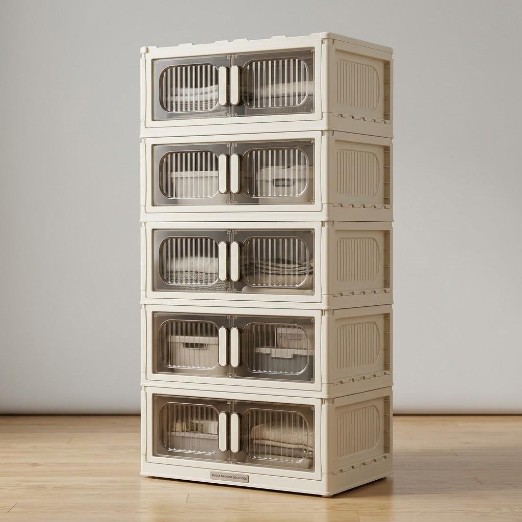 5 Tier Stackable Plastic Storage Bins with Lids Stackable Containers with Wheels and Magnetic, Folding Collapsible Boxes, Closet Organizers for Living Room, Office, Dorm