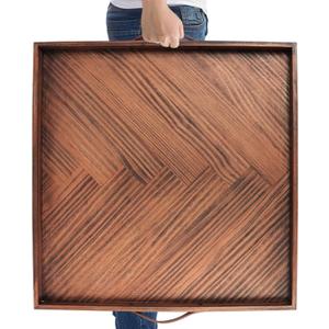 Wooden Serving Tray with Leather Handles, 24x24 in