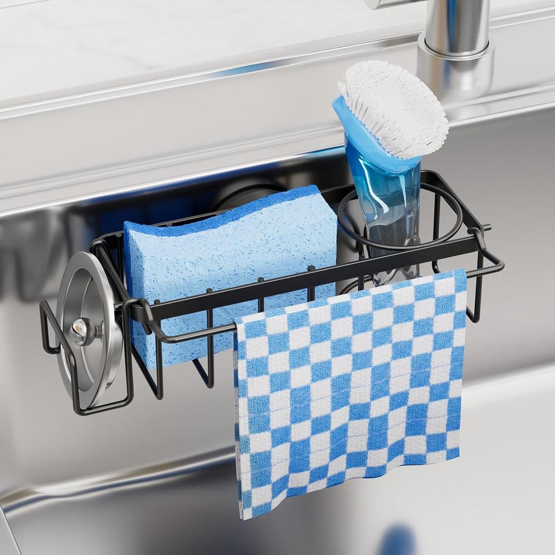 TAILI 4-in-1 Sink Caddy with Strong Suction Cup, Sponge Holder for Kitchen Sink Organizer, Removable, Rustproof, Stainless Steel Holder for Sponge, Brush, Scrubber, Scraper - Black (7.28" x 2.36")