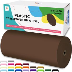 54IN X 320FT Plastic Table Cover Roll with Cutter Box, Cut to Size Plastic Table Cloths for Parties, Birthday, Disposable Tablecloth Roll for All Shape Tables (Brown, 54 Inch X 320 Feet)