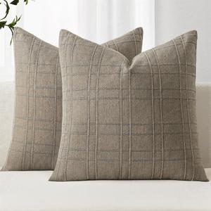 MIULEE Decorative Linen Check Euro Shams Throw Pillow Covers Neutral Farmhouse Vintage Pillow Covers 24x24 Set of 2 Boho Modern Winter Home Decor for Sofa Couch Bedroom Cushion Tan Taupe