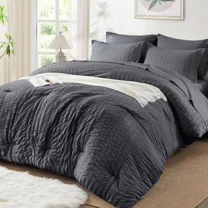 SunStyle Home Full/Queen Comforter Sets 7 Pieces, Seersucker Bed in a Bag Lightweight Bedding Sets, All Season Comforters with Flat Sheet, Fitted Sheet, Pillowcase and Pillow Sham, Dark Grey (Full/Queen, 01 - Dark Grey)
