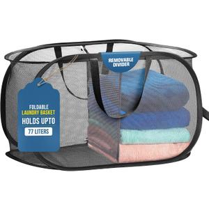 Foldable Laundry Basket - Popup and Collapsible, Durable Mesh Material, Folds for Storage, Easy Carry Handles - Great Hamper for College Dorm, Laundry Room or Travel (Black, 2-Compartments)