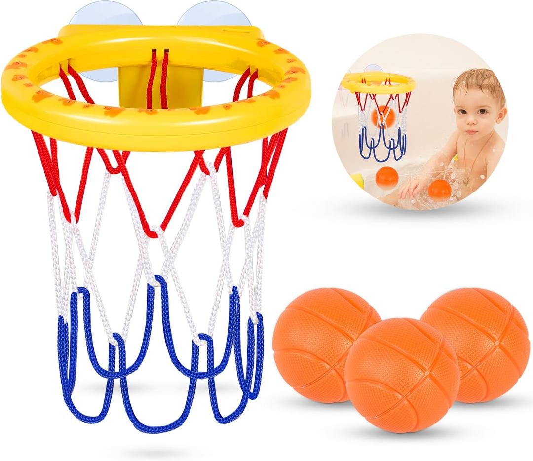 Bath Toys, Bathtub Basketball Hoop for Kids Toddlers, Bath Shower Toys for Kids, Strong Suction Cup Basketball Hoop & 3 Soft No-Hole Balls Set for Toddlers, Boys and Girls (Yellow)