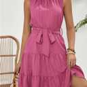 Milumia Women's Frill Mock Neck Sleeveless Dress Belted Tiered Ruffle Hem Summer Short Dresses (Pink, M)